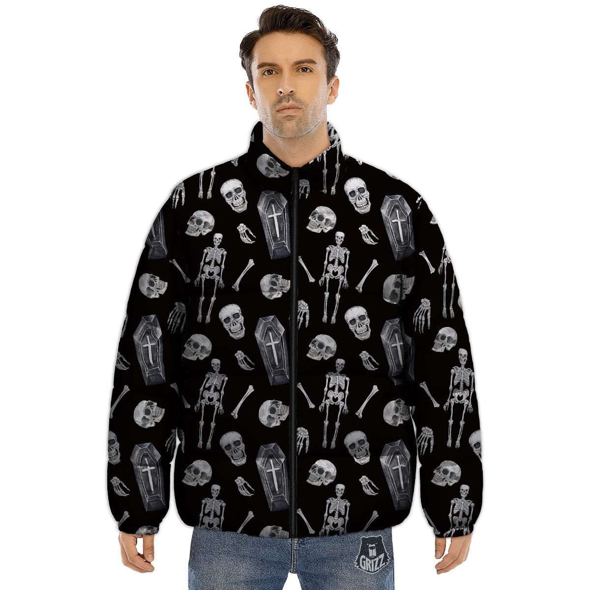 Skeleton And Tomb Print Pattern Puffer Jacket-grizzshop