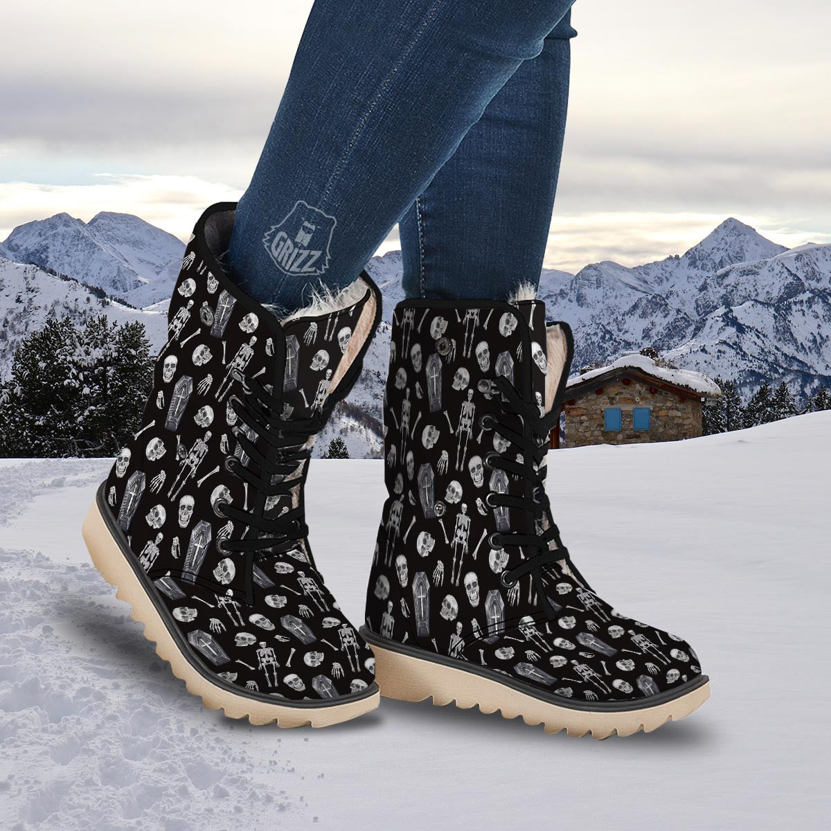 Skeleton And Tomb Print Pattern Snow Boots-grizzshop