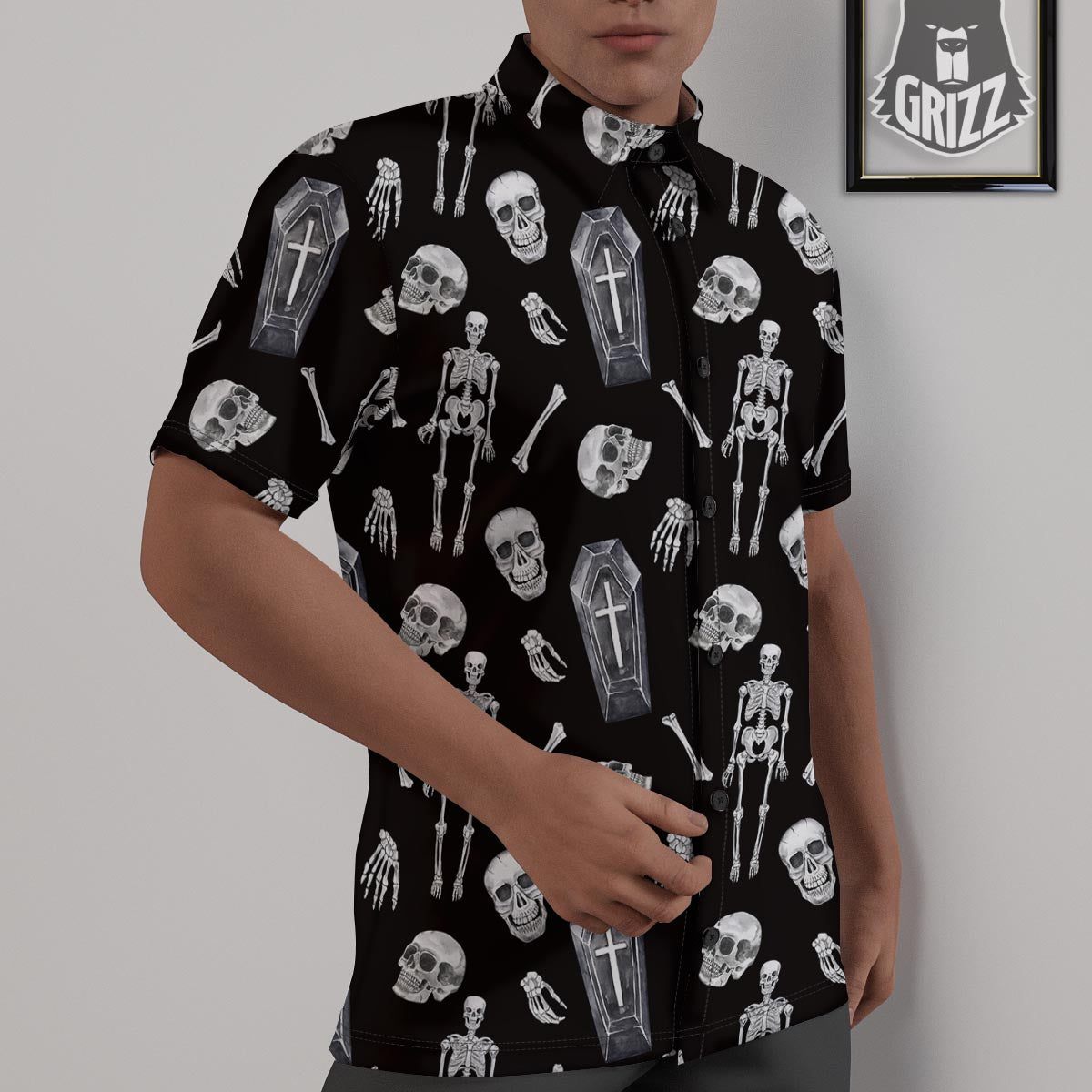 Skeleton And Tomb Print Pattern Untucked Shirts-grizzshop