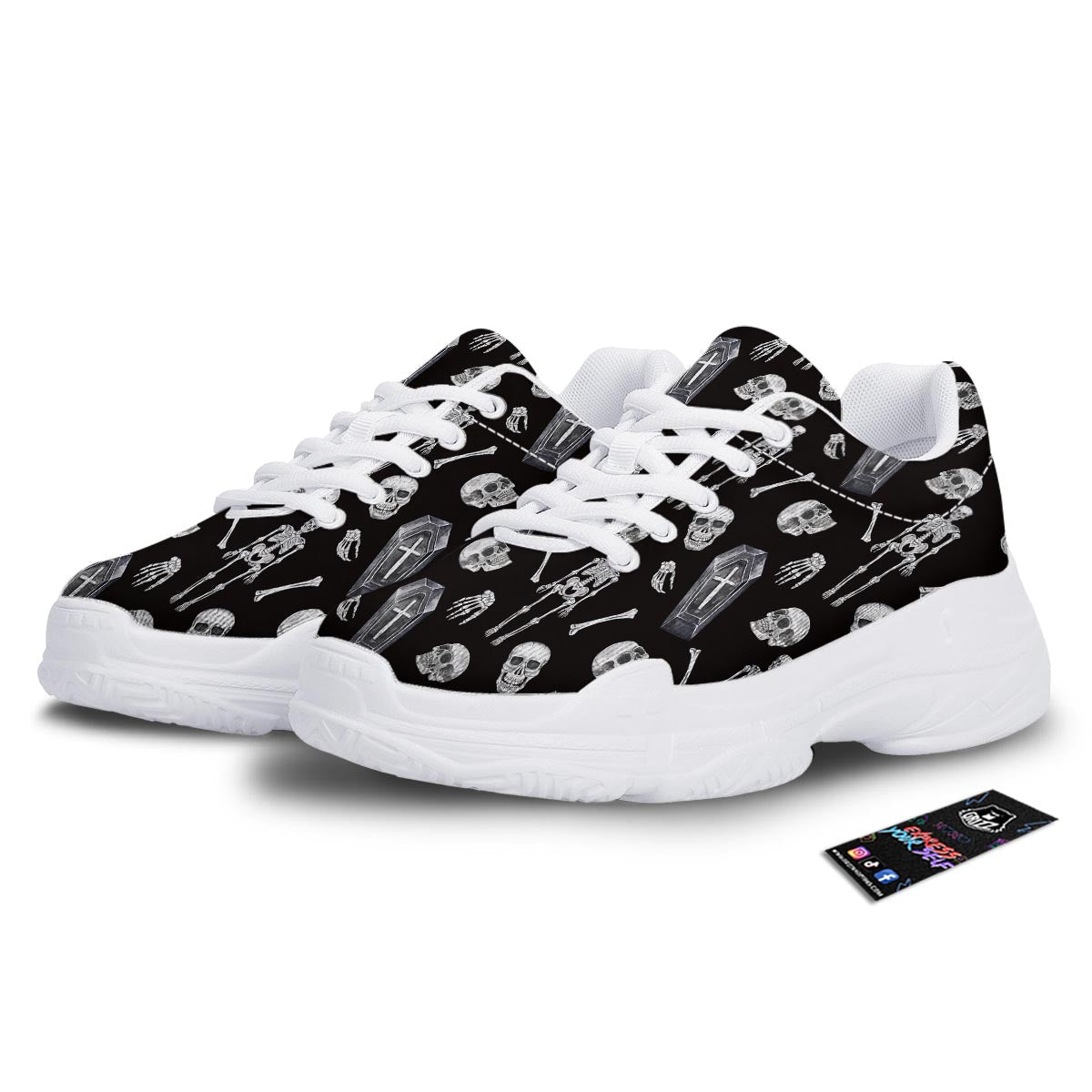 Skeleton And Tomb Print Pattern White Chunky Shoes-grizzshop