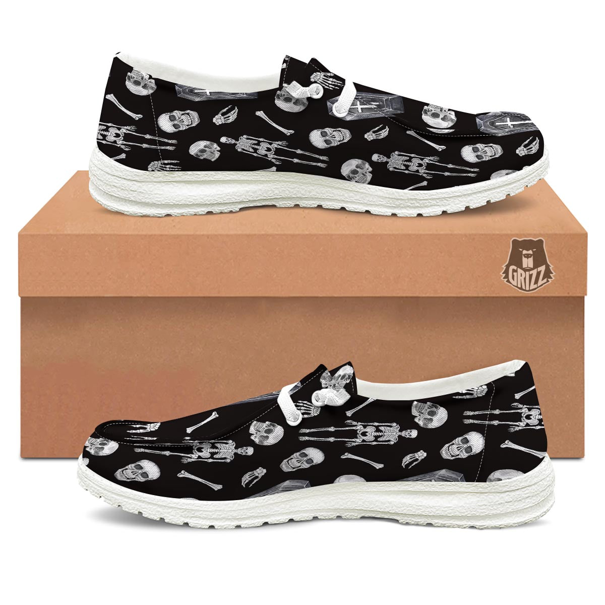 Skeleton And Tomb Print Pattern White Loafers-grizzshop