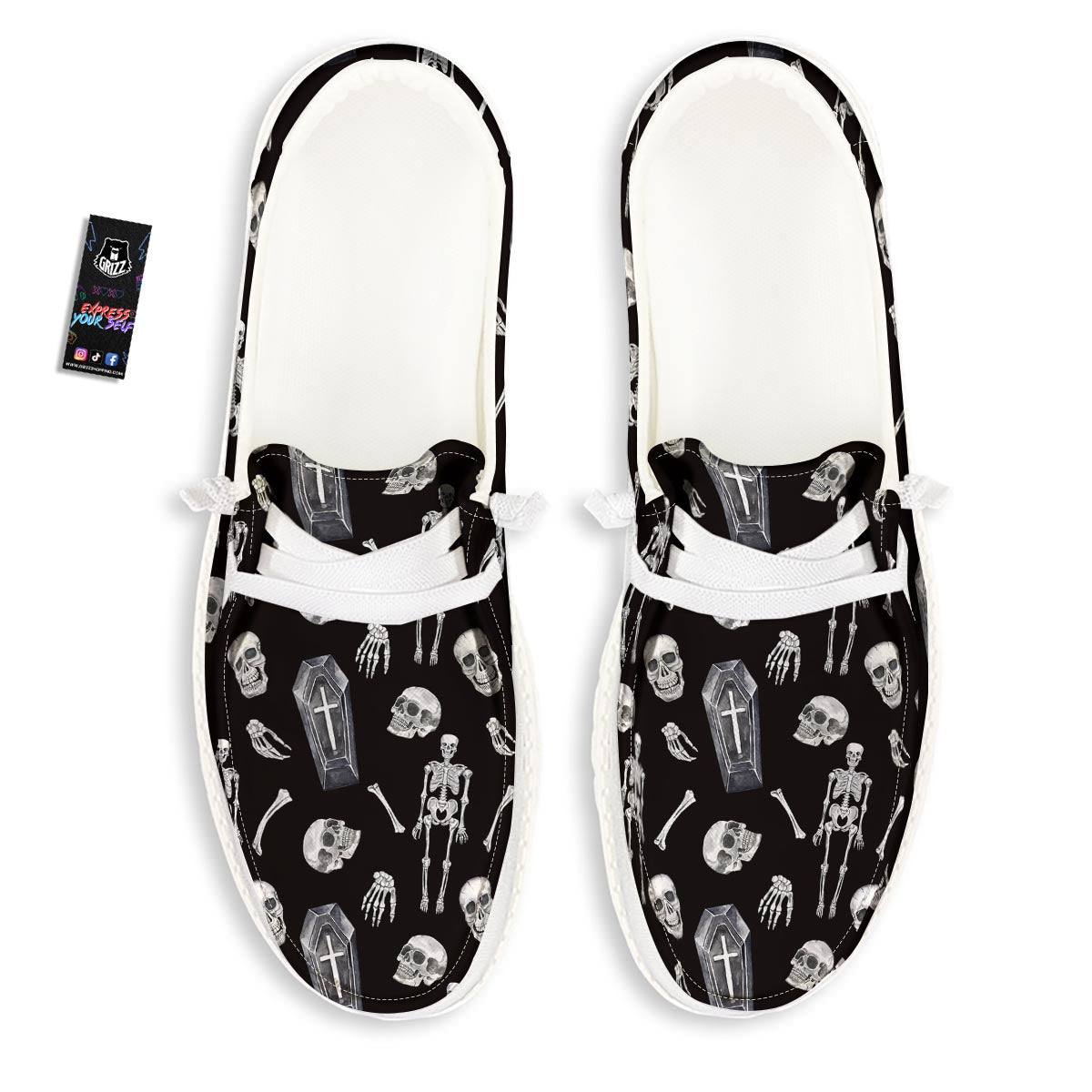 Skeleton And Tomb Print Pattern White Loafers-grizzshop