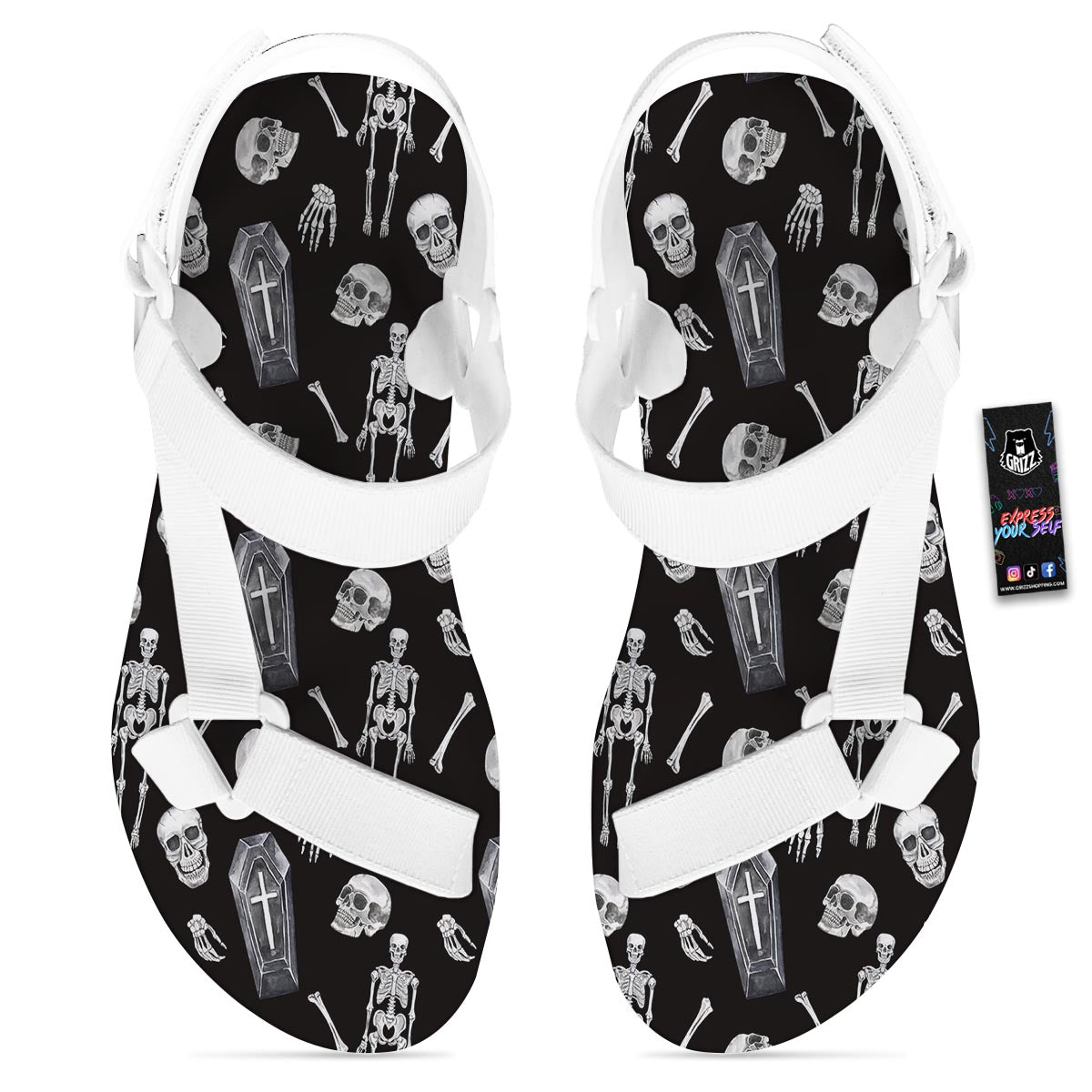 Skeleton And Tomb Print Pattern White Open Toe Sandals-grizzshop