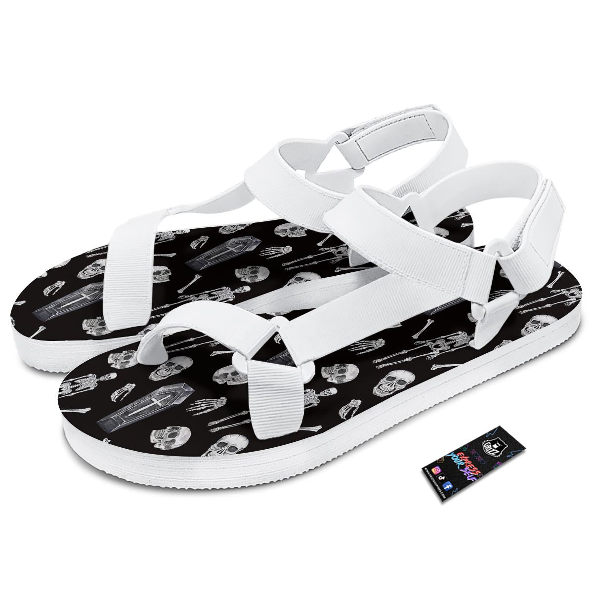 Skeleton And Tomb Print Pattern White Open Toe Sandals-grizzshop