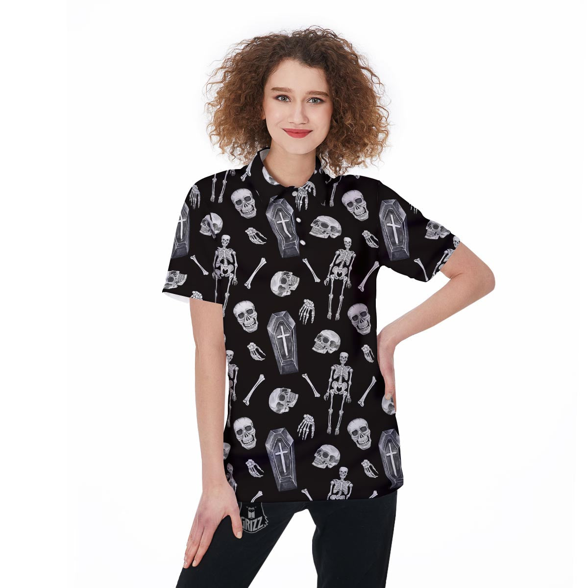 Skeleton And Tomb Print Pattern Women's Golf Shirts-grizzshop