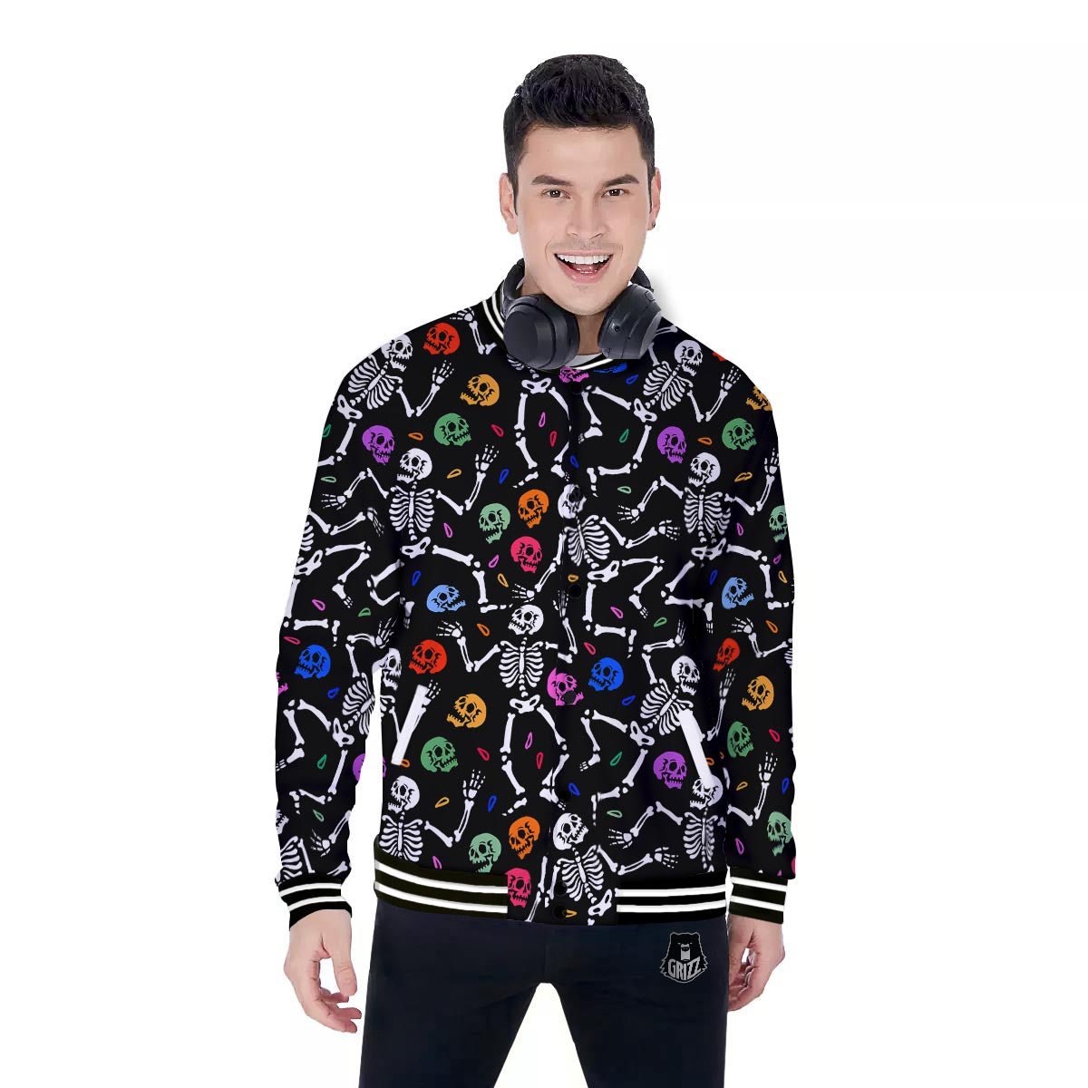 Skeleton Dancing Trippy Print Pattern Baseball Jacket-grizzshop