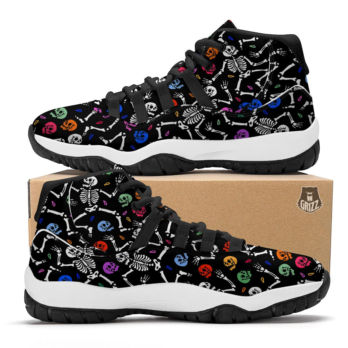 Skeleton Dancing Trippy Print Pattern Black Bball Shoes-grizzshop