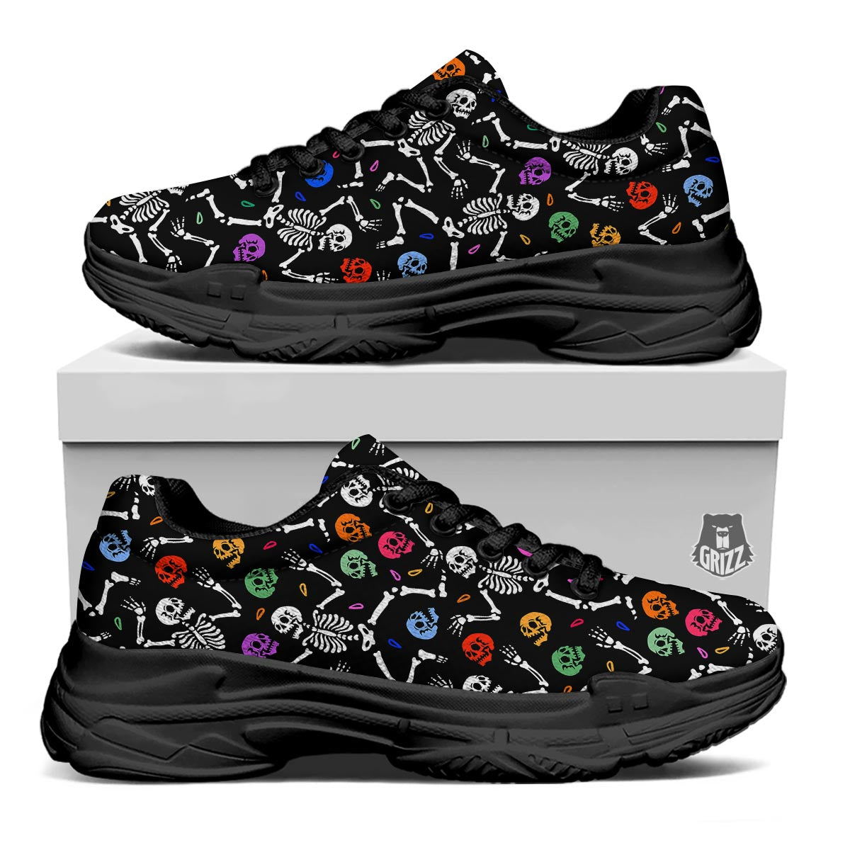 Skeleton Dancing Trippy Print Pattern Black Chunky Shoes-grizzshop