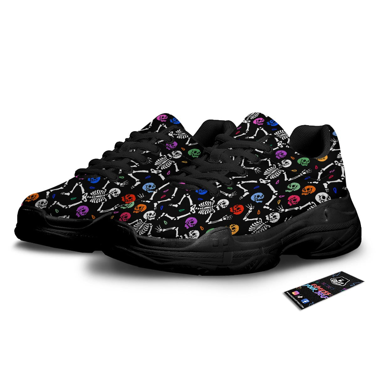Skeleton Dancing Trippy Print Pattern Black Chunky Shoes-grizzshop
