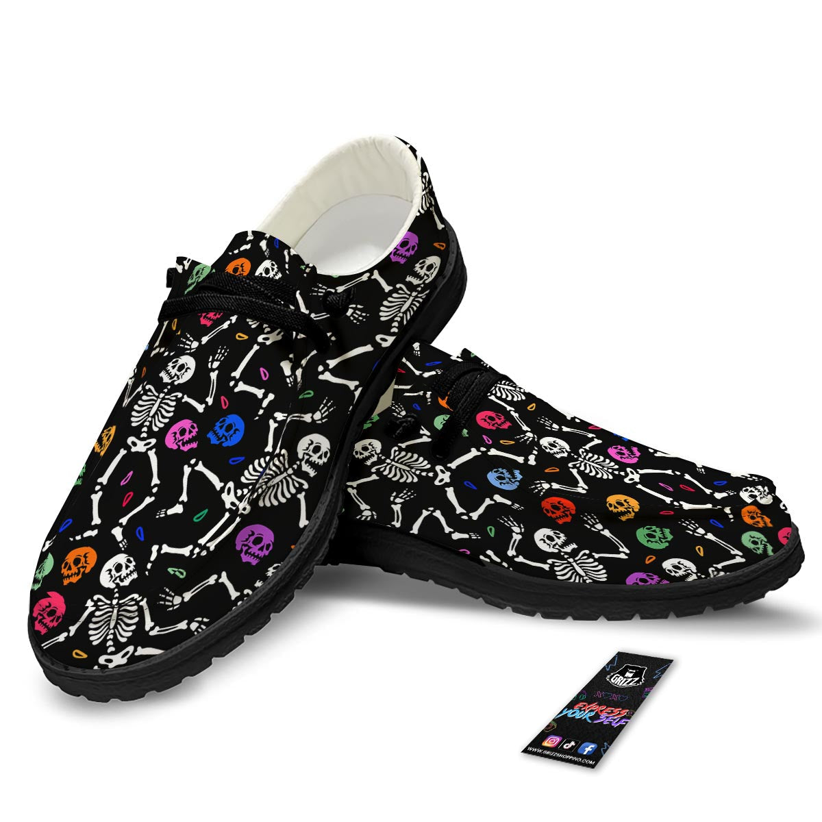 Skeleton Dancing Trippy Print Pattern Black Loafers-grizzshop