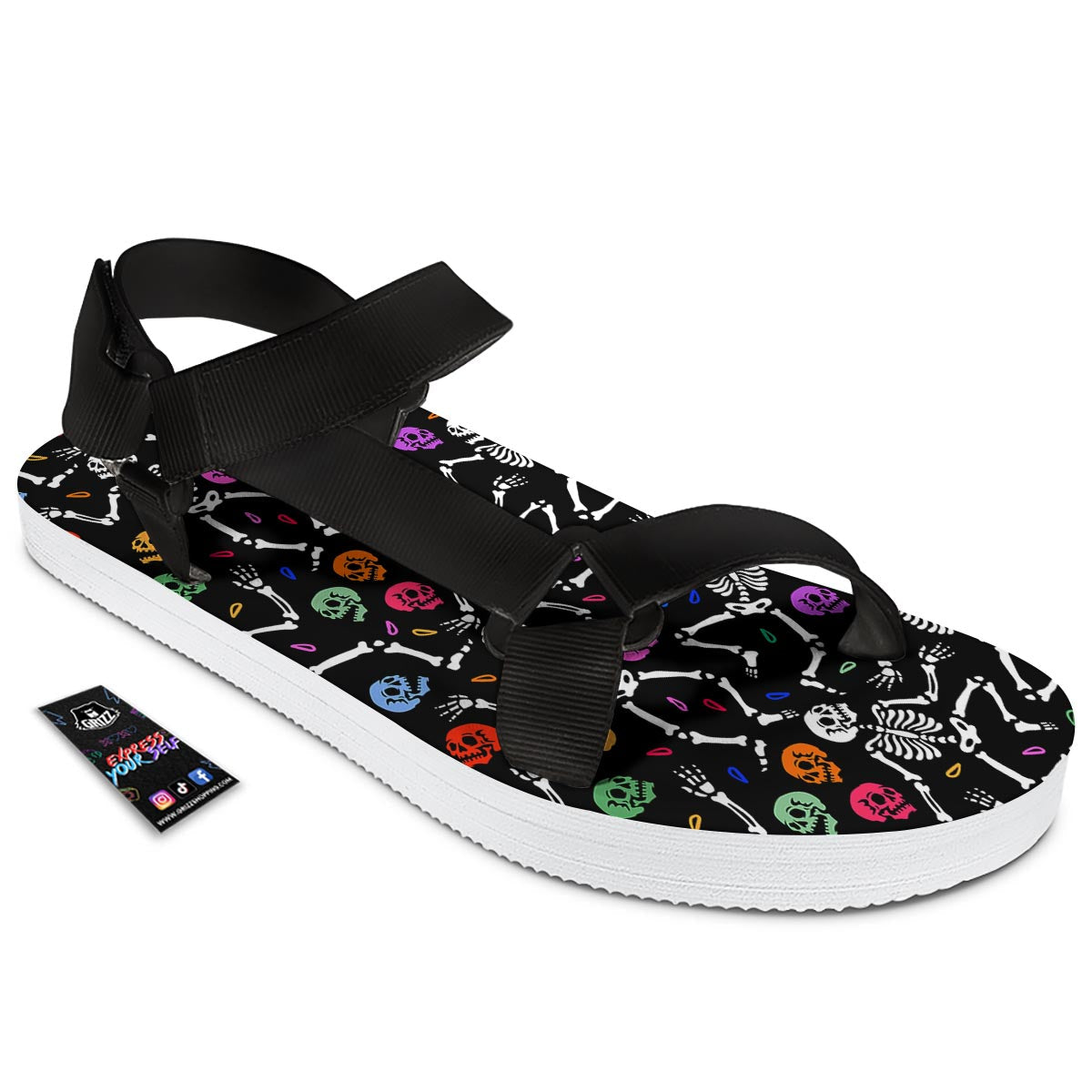 Skeleton Dancing Trippy Print Pattern Black Open Toe Sandals-grizzshop