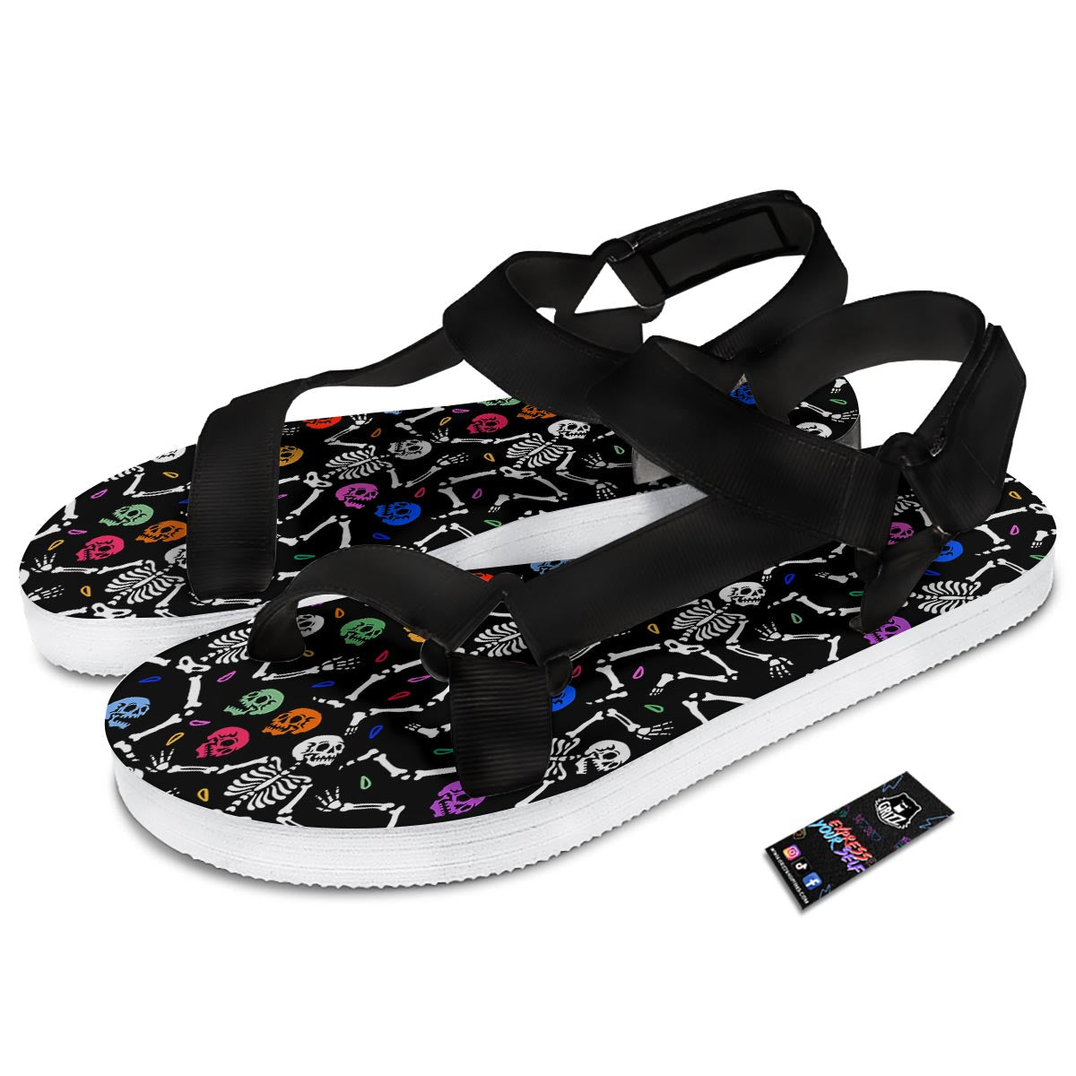 Skeleton Dancing Trippy Print Pattern Black Open Toe Sandals-grizzshop