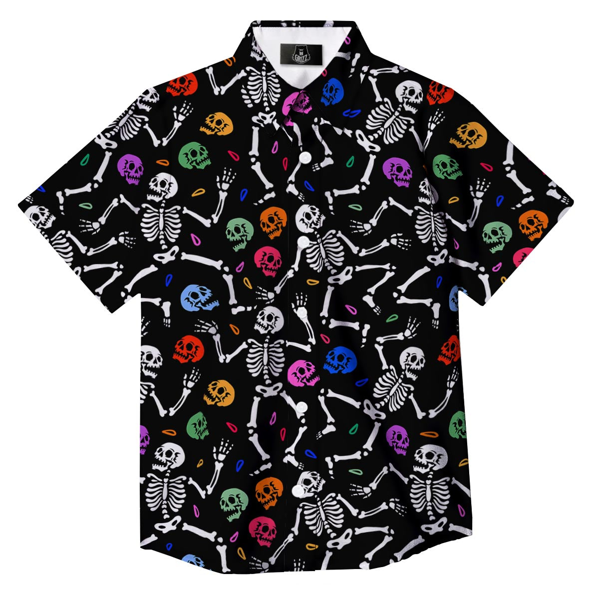 Skeleton Dancing Trippy Print Pattern Button Up Shirt-grizzshop