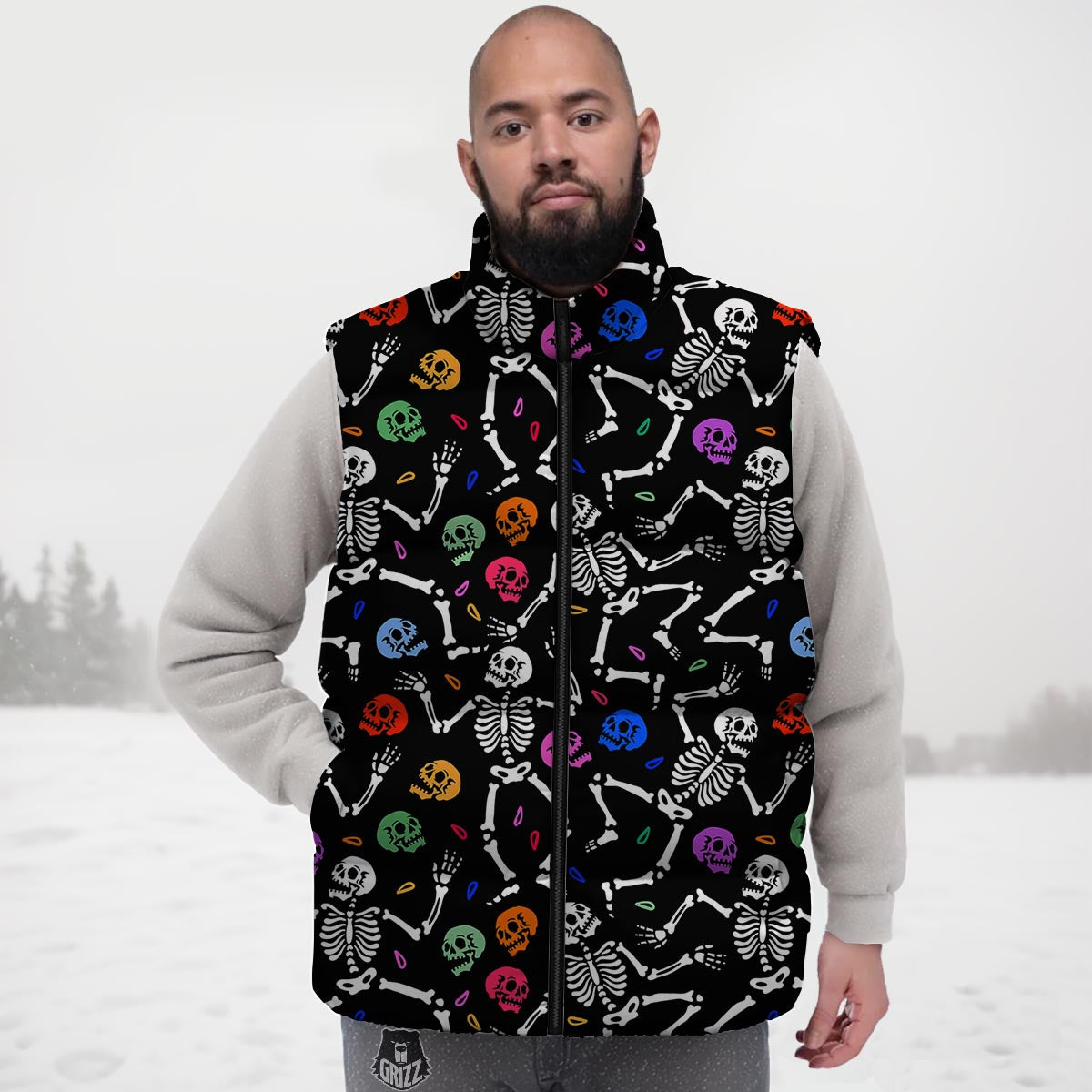 Skeleton Dancing Trippy Print Pattern Down Vest