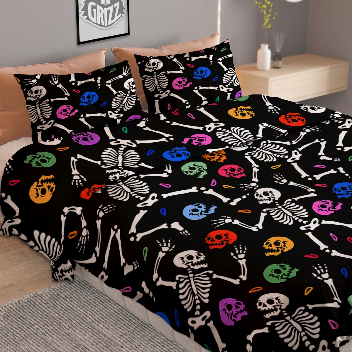 Skeleton Dancing Trippy Print Pattern Duvet Cover Bedding Set