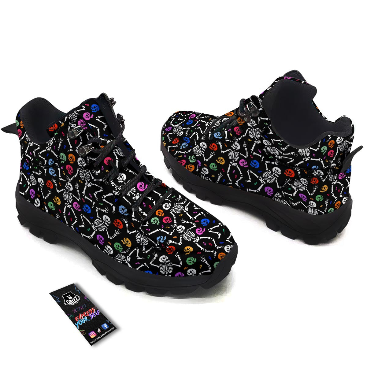 Skeleton Dancing Trippy Print Pattern Hiking Shoes-grizzshop