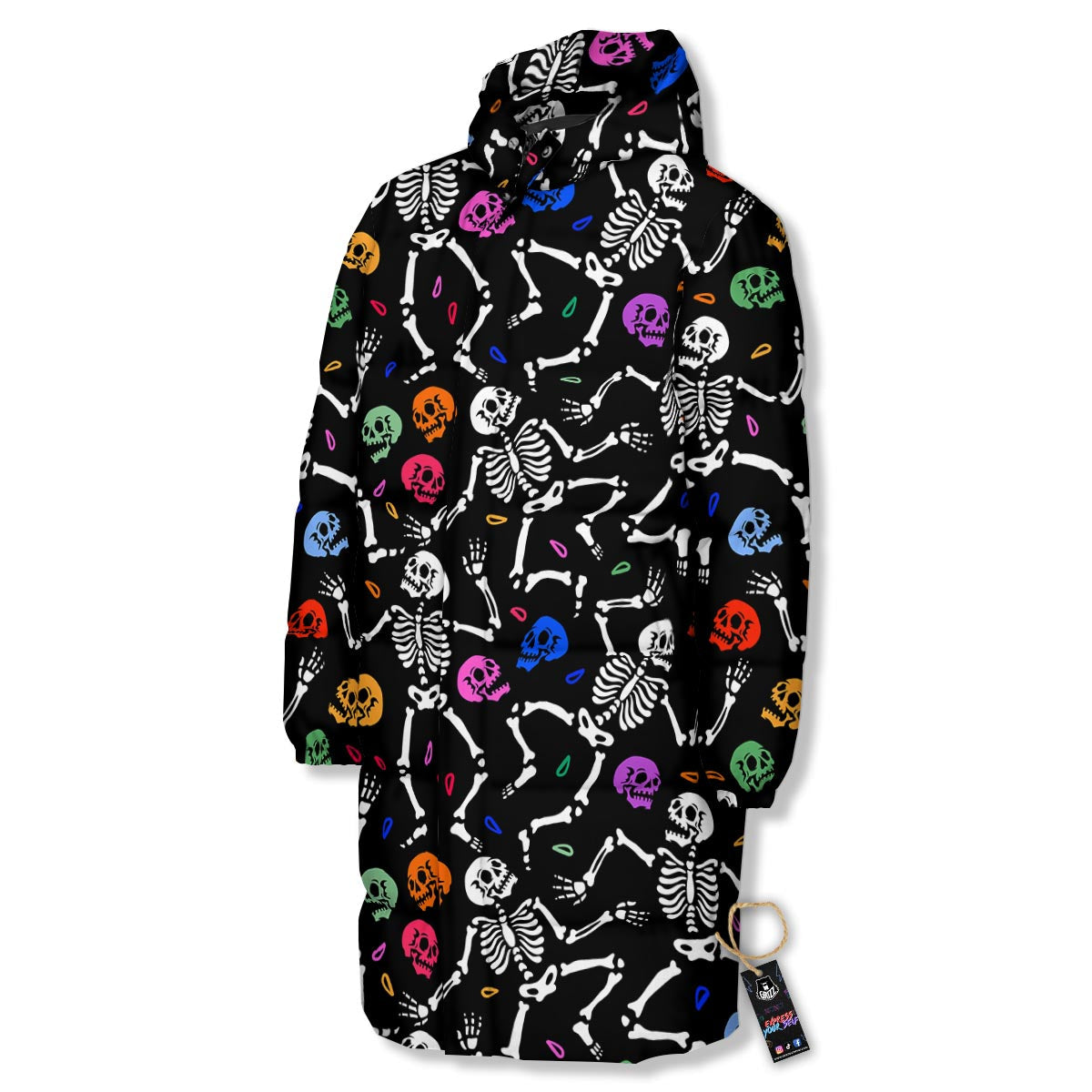 Skeleton Dancing Trippy Print Pattern Long Down Jacket-grizzshop