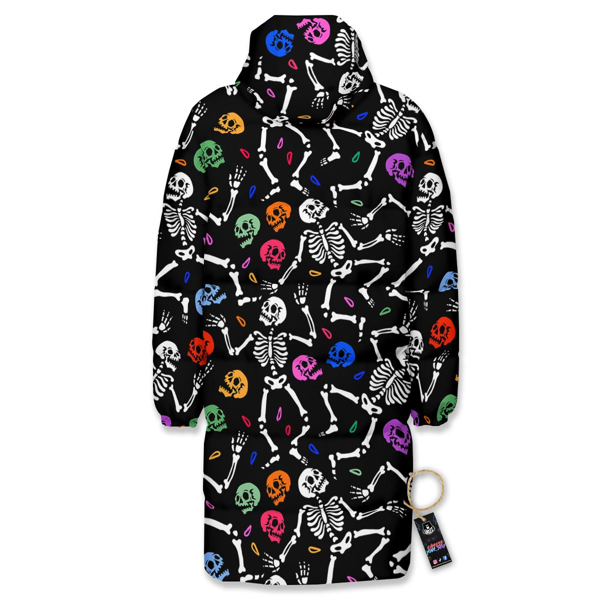 Skeleton Dancing Trippy Print Pattern Long Down Jacket-grizzshop