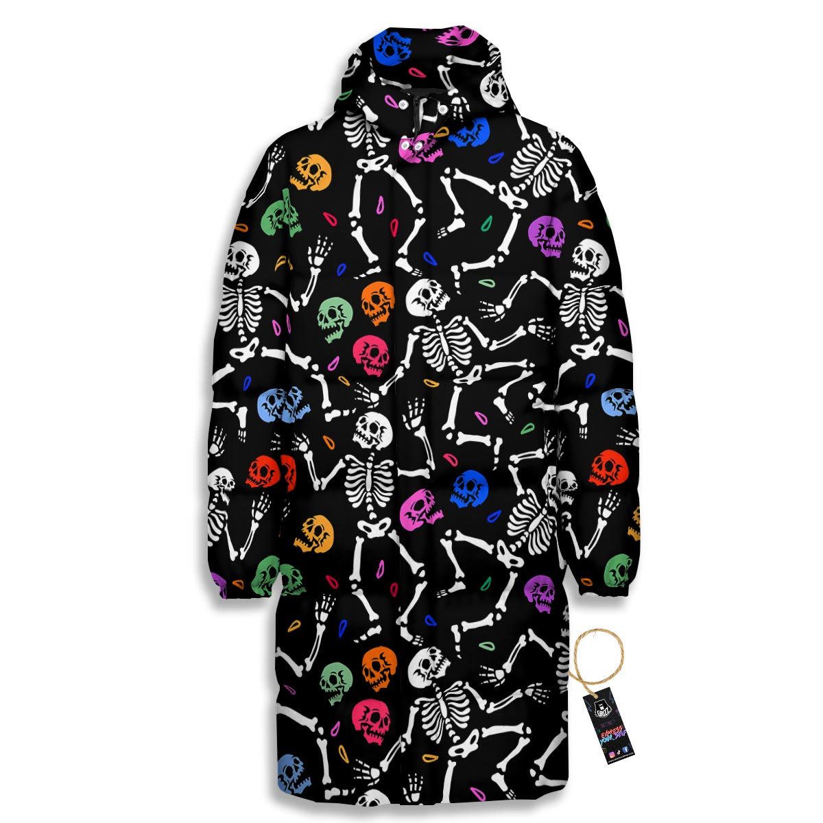 Skeleton Dancing Trippy Print Pattern Long Down Jacket-grizzshop