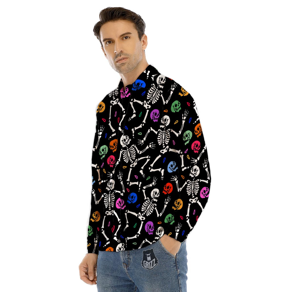 Skeleton Dancing Trippy Print Pattern Men's Dress Shirts-grizzshop