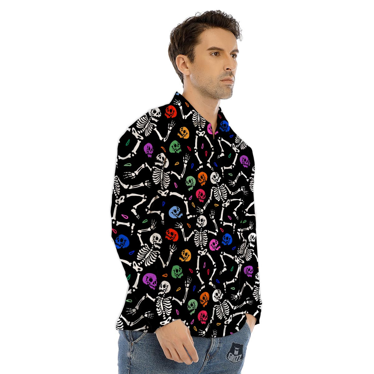 Skeleton Dancing Trippy Print Pattern Men's Dress Shirts-grizzshop