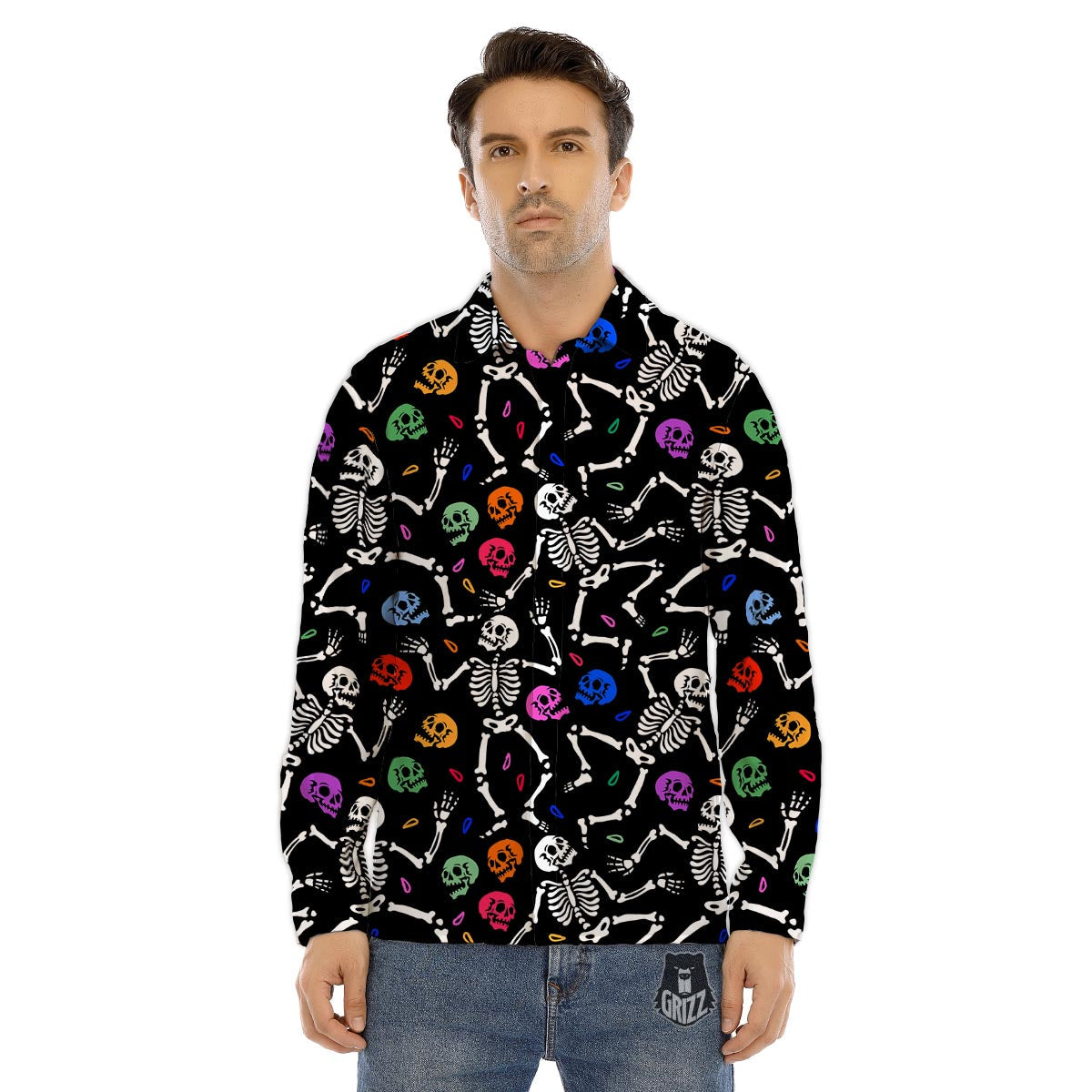 Skeleton Dancing Trippy Print Pattern Men's Dress Shirts-grizzshop