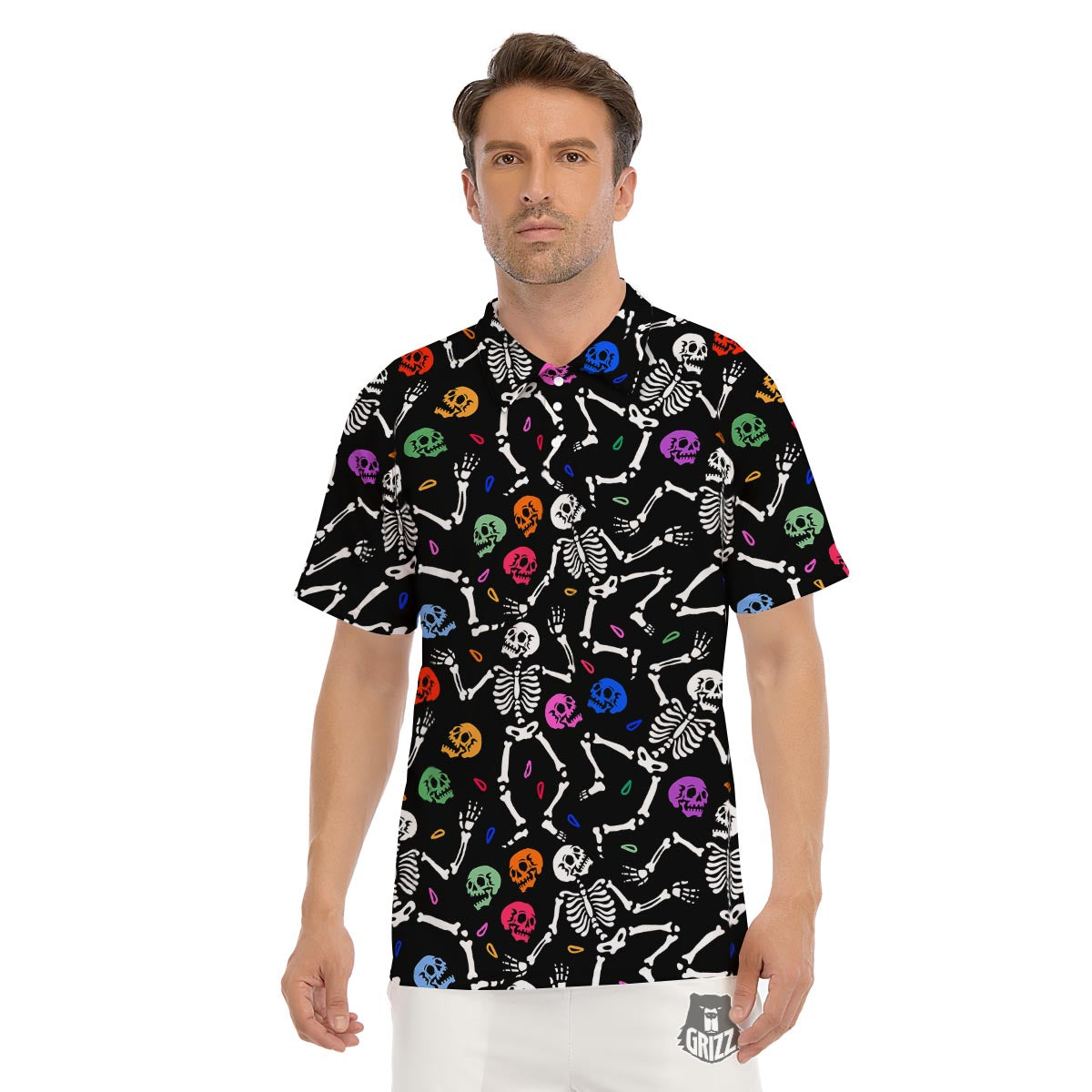 Skeleton Dancing Trippy Print Pattern Men's Golf Shirts-grizzshop