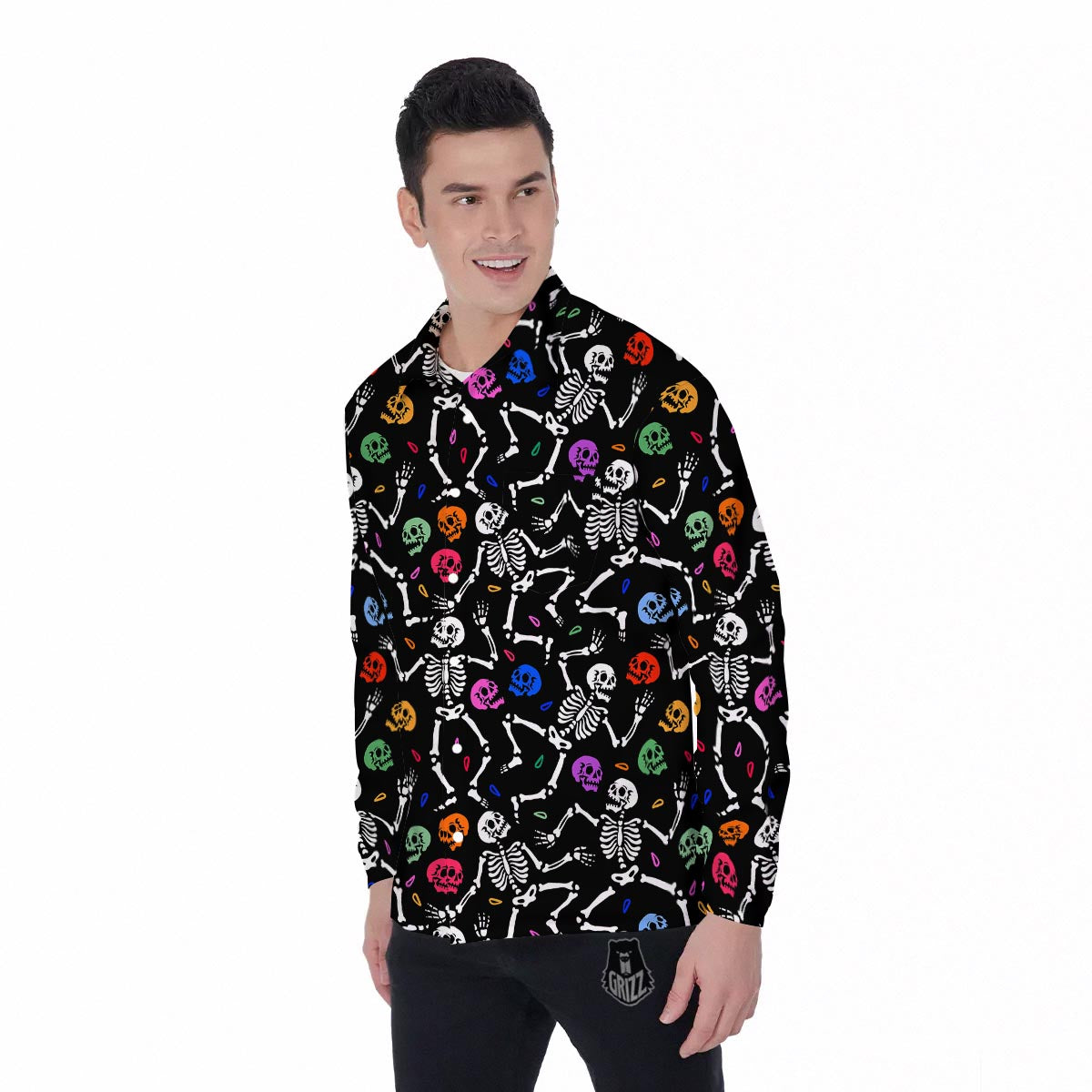 Skeleton Dancing Trippy Print Pattern Men's Long Sleeve Shirts-grizzshop