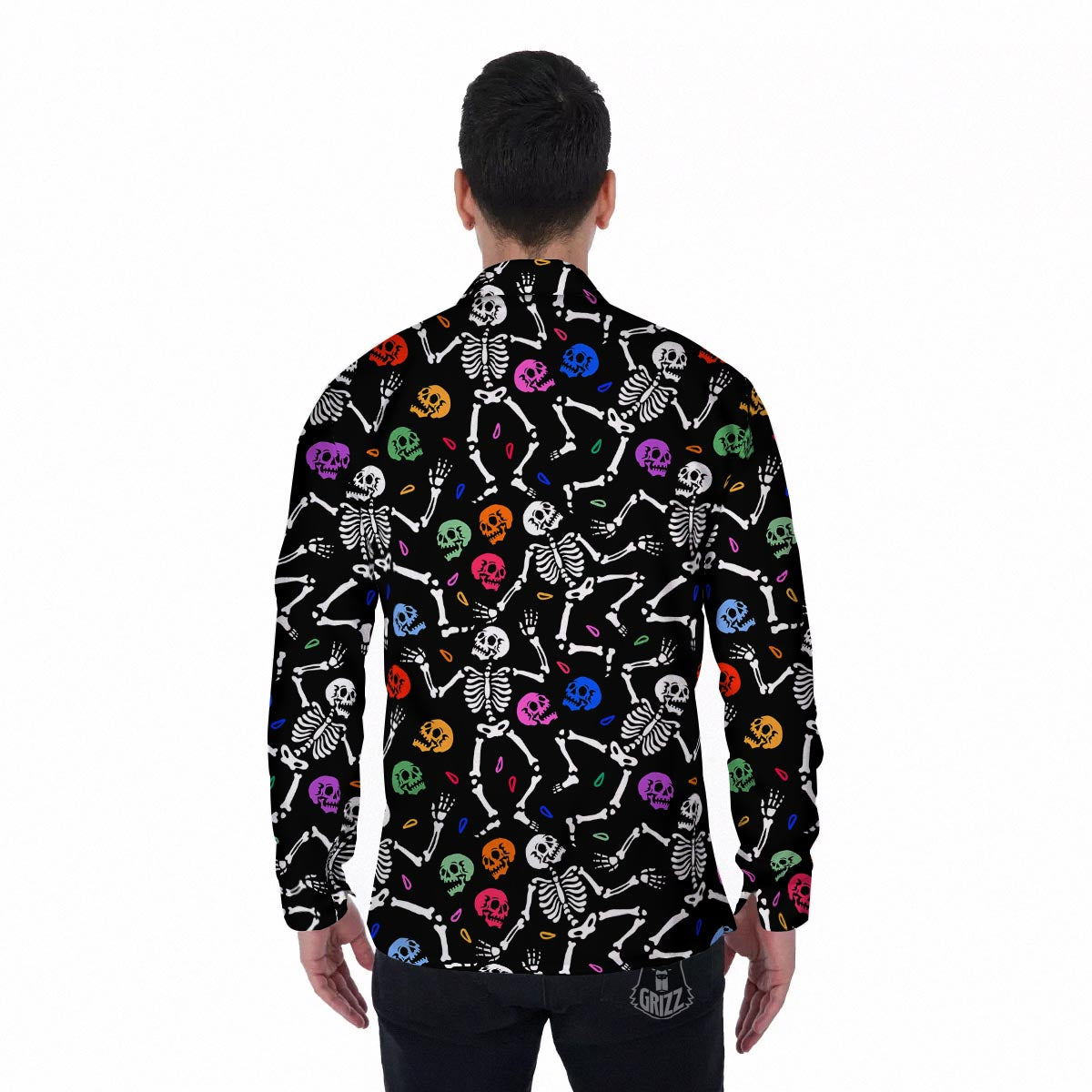 Skeleton Dancing Trippy Print Pattern Men's Long Sleeve Shirts-grizzshop