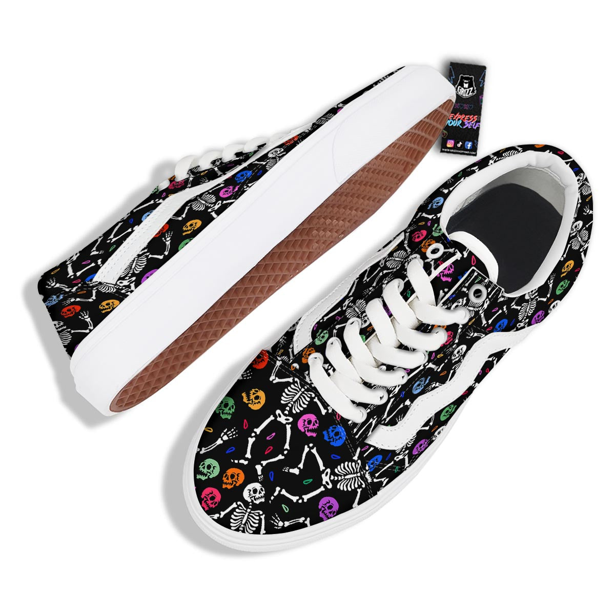 Skeleton Dancing Trippy Print Pattern Skate Shoes-grizzshop
