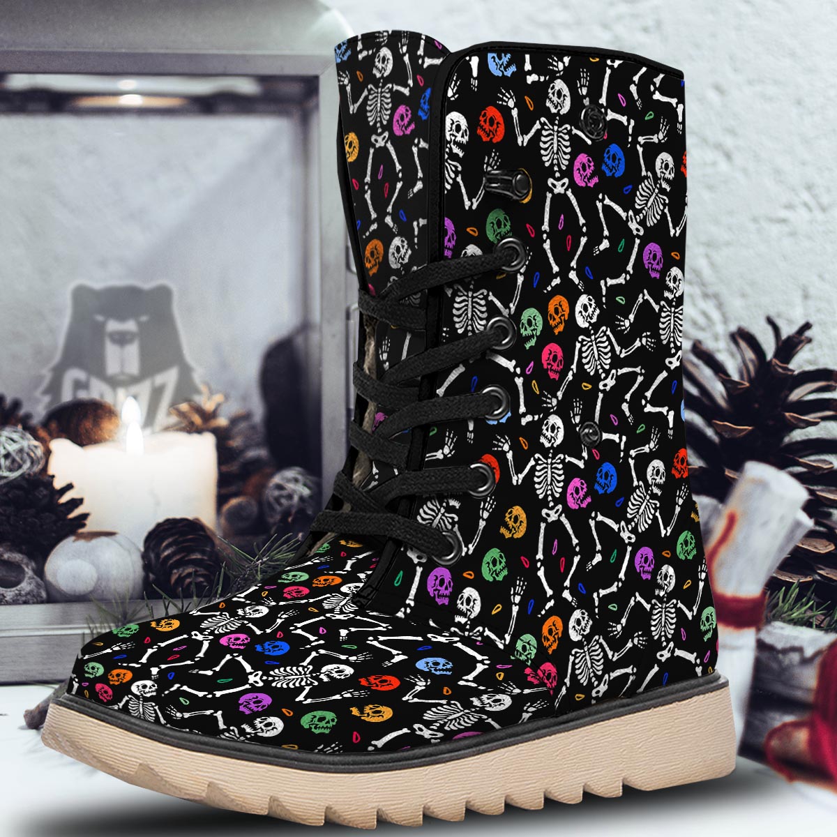 Skeleton Dancing Trippy Print Pattern Snow Boots-grizzshop