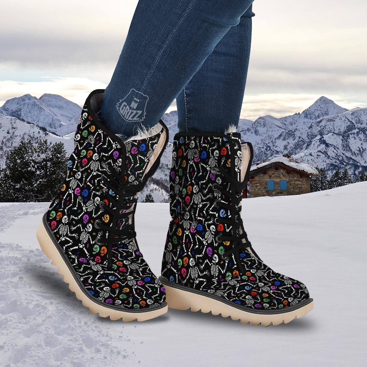 Skeleton Dancing Trippy Print Pattern Snow Boots-grizzshop