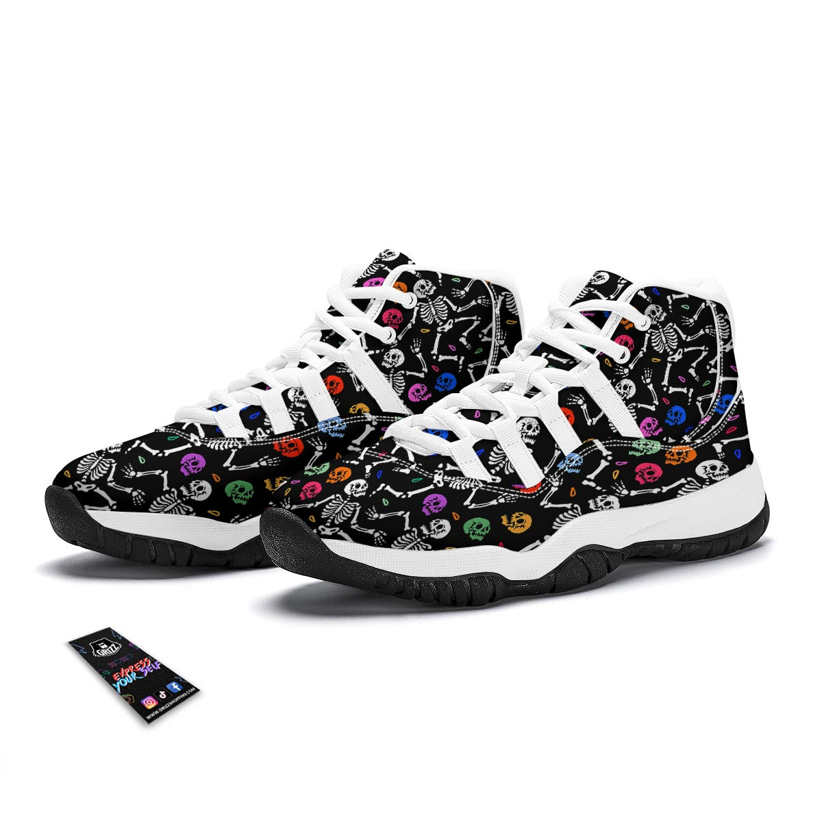 Skeleton Dancing Trippy Print Pattern White Bball Shoes-grizzshop