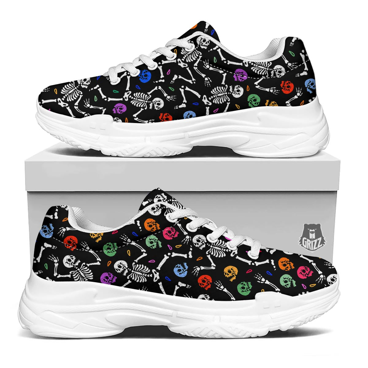 Skeleton Dancing Trippy Print Pattern White Chunky Shoes-grizzshop