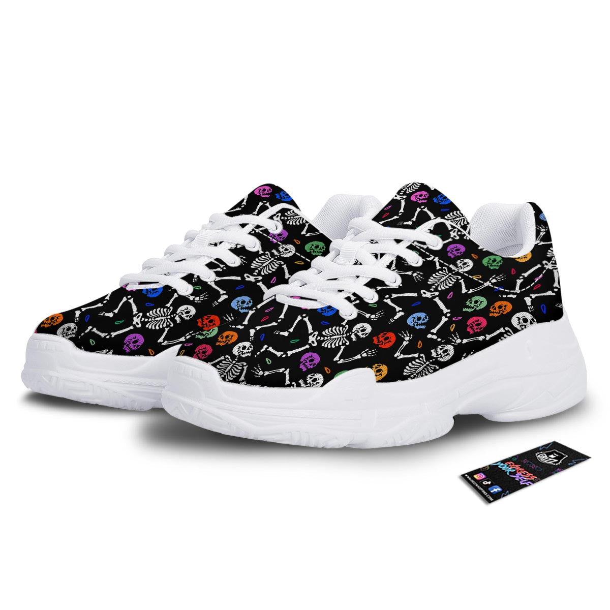 Skeleton Dancing Trippy Print Pattern White Chunky Shoes-grizzshop