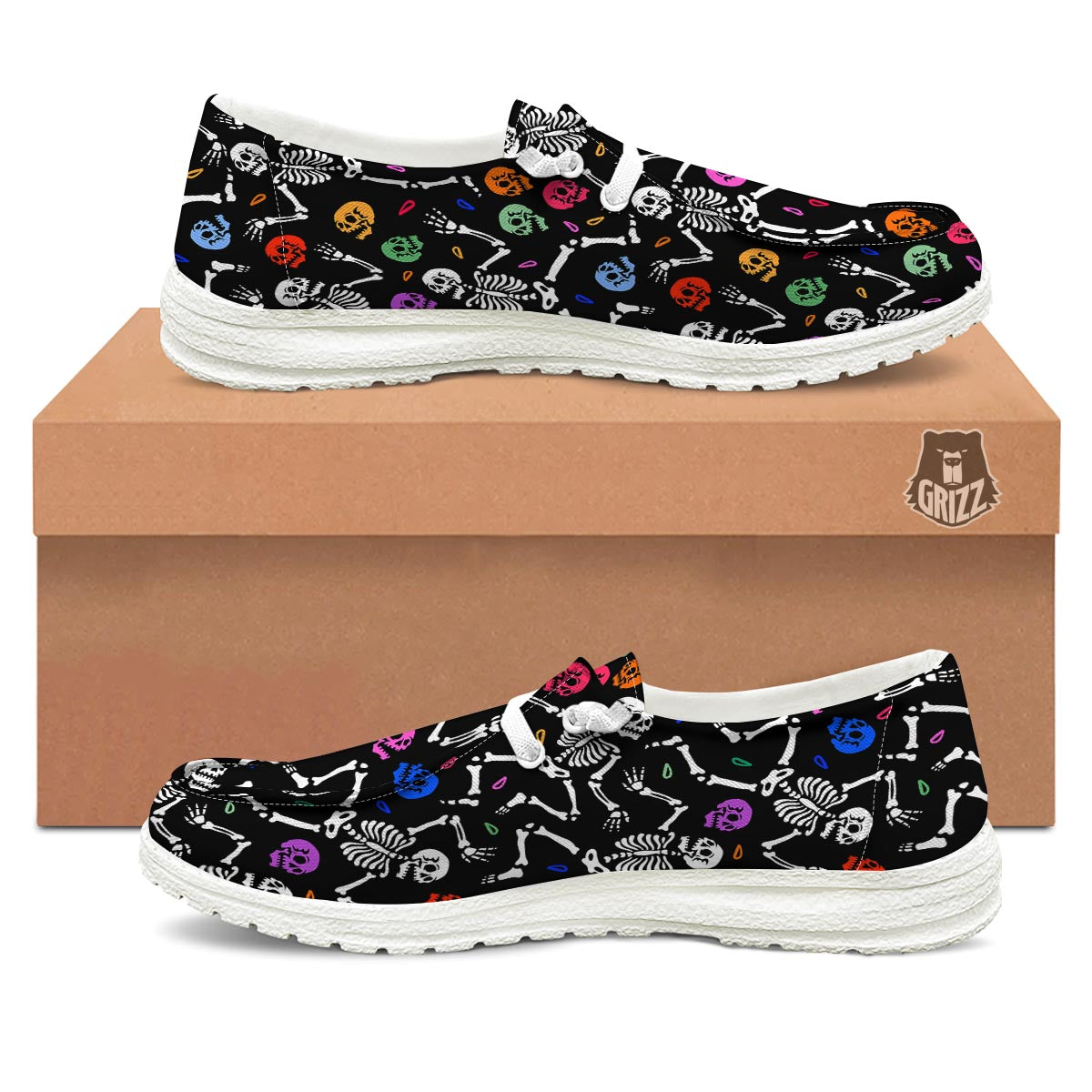 Skeleton Dancing Trippy Print Pattern White Loafers-grizzshop