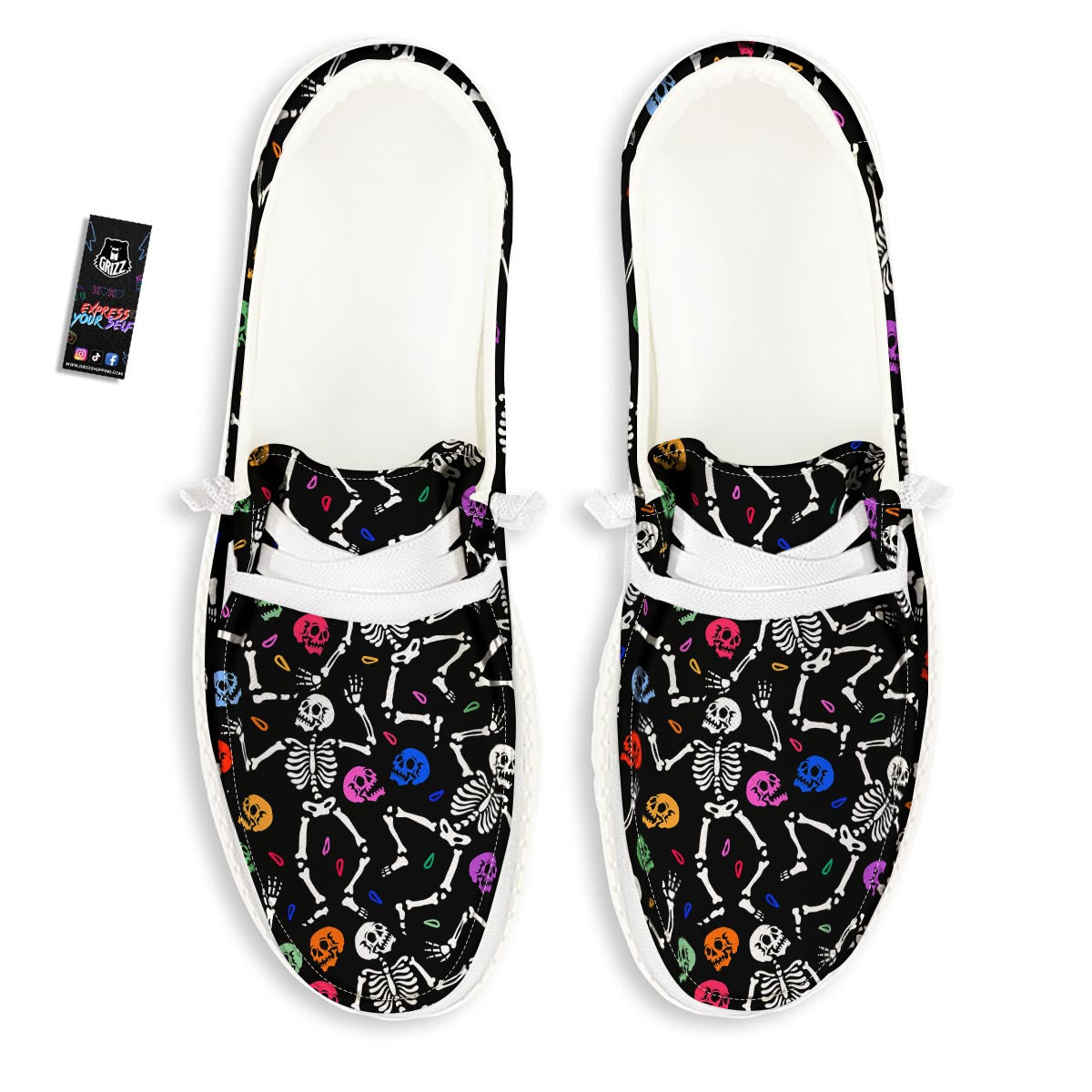 Skeleton Dancing Trippy Print Pattern White Loafers-grizzshop