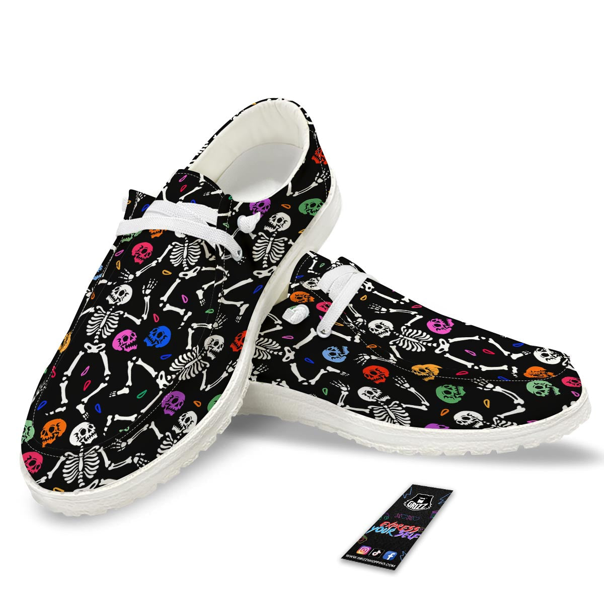 Skeleton Dancing Trippy Print Pattern White Loafers-grizzshop