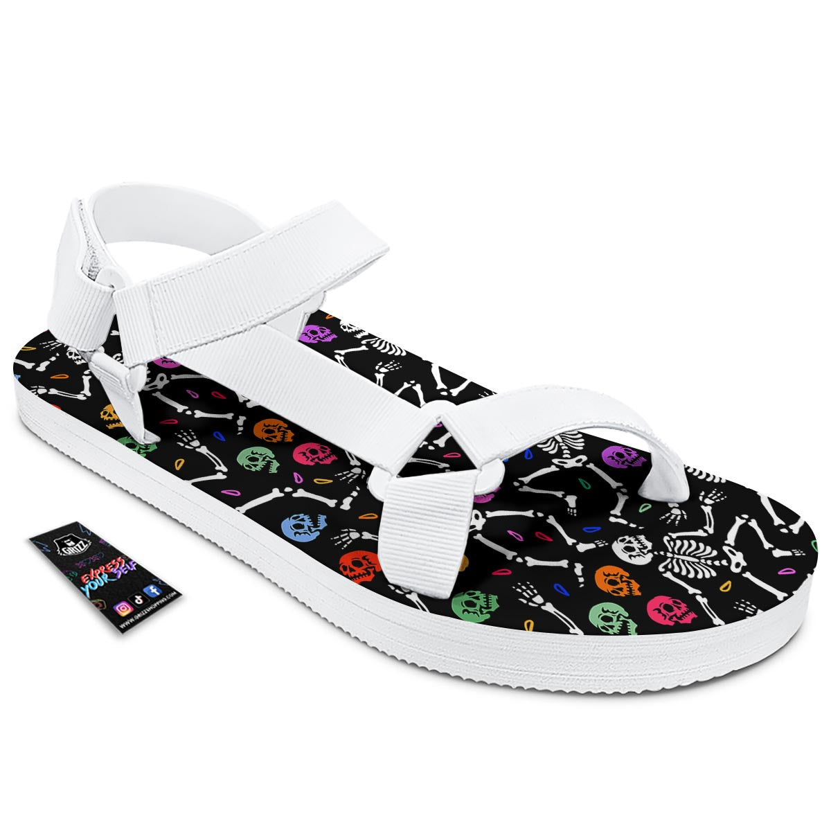 Skeleton Dancing Trippy Print Pattern White Open Toe Sandals-grizzshop