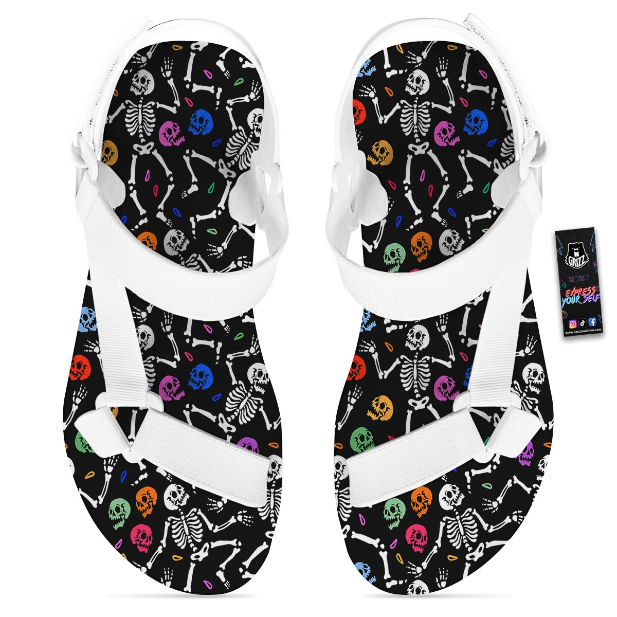 Skeleton Dancing Trippy Print Pattern White Open Toe Sandals-grizzshop