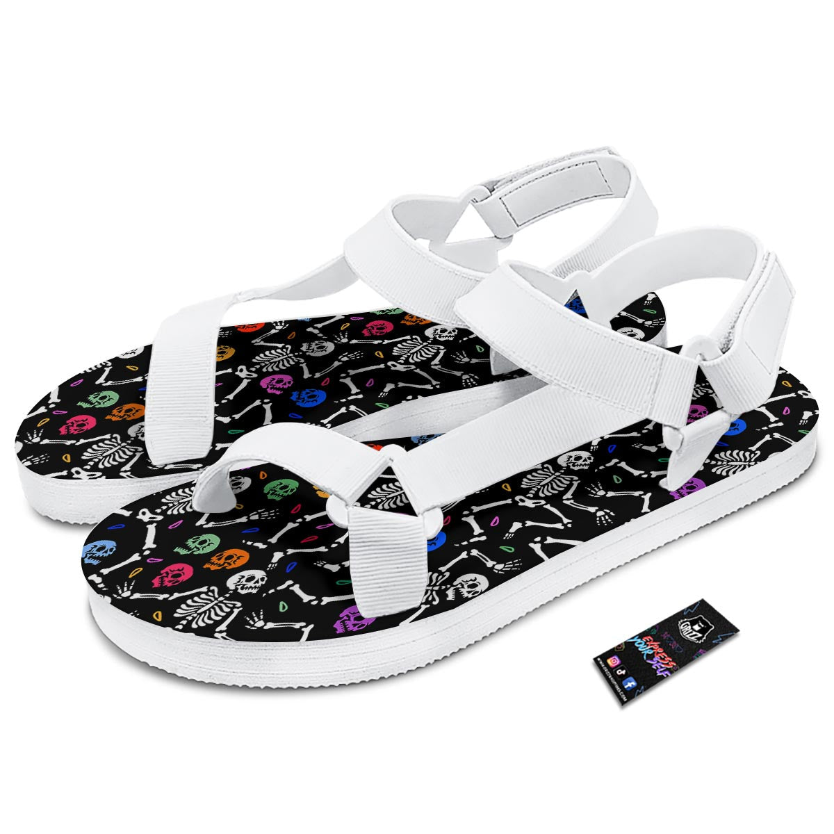 Skeleton Dancing Trippy Print Pattern White Open Toe Sandals-grizzshop
