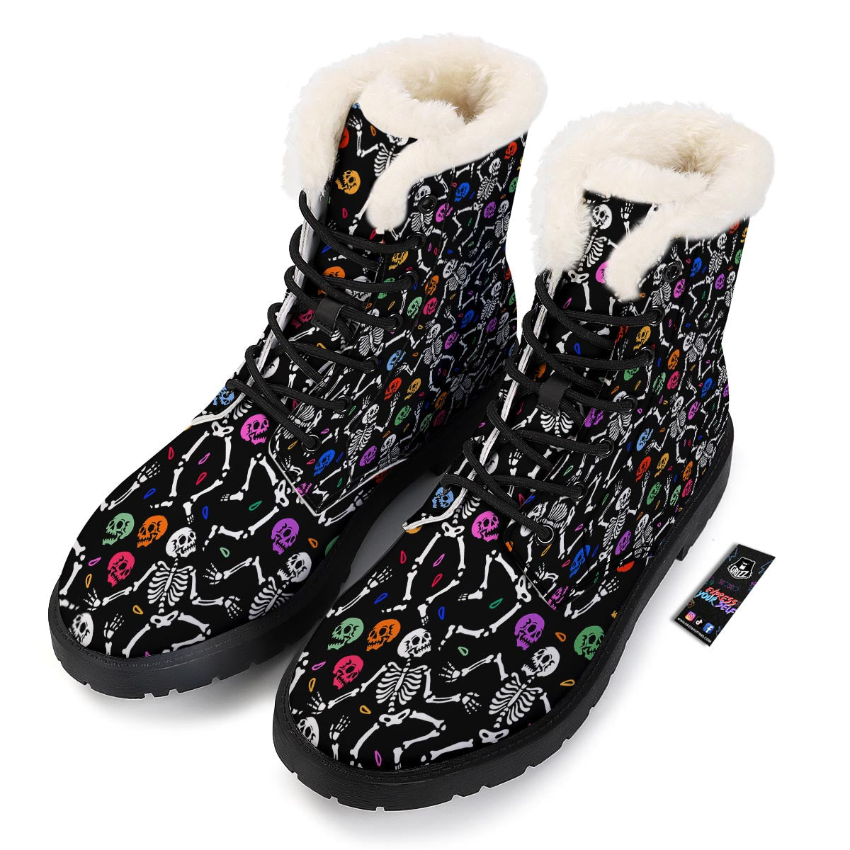 Skeleton Dancing Trippy Print Pattern Winter Boots-grizzshop