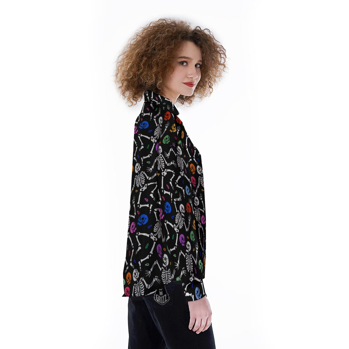 Skeleton Dancing Trippy Print Pattern Women's Long Sleeve Shirts-grizzshop