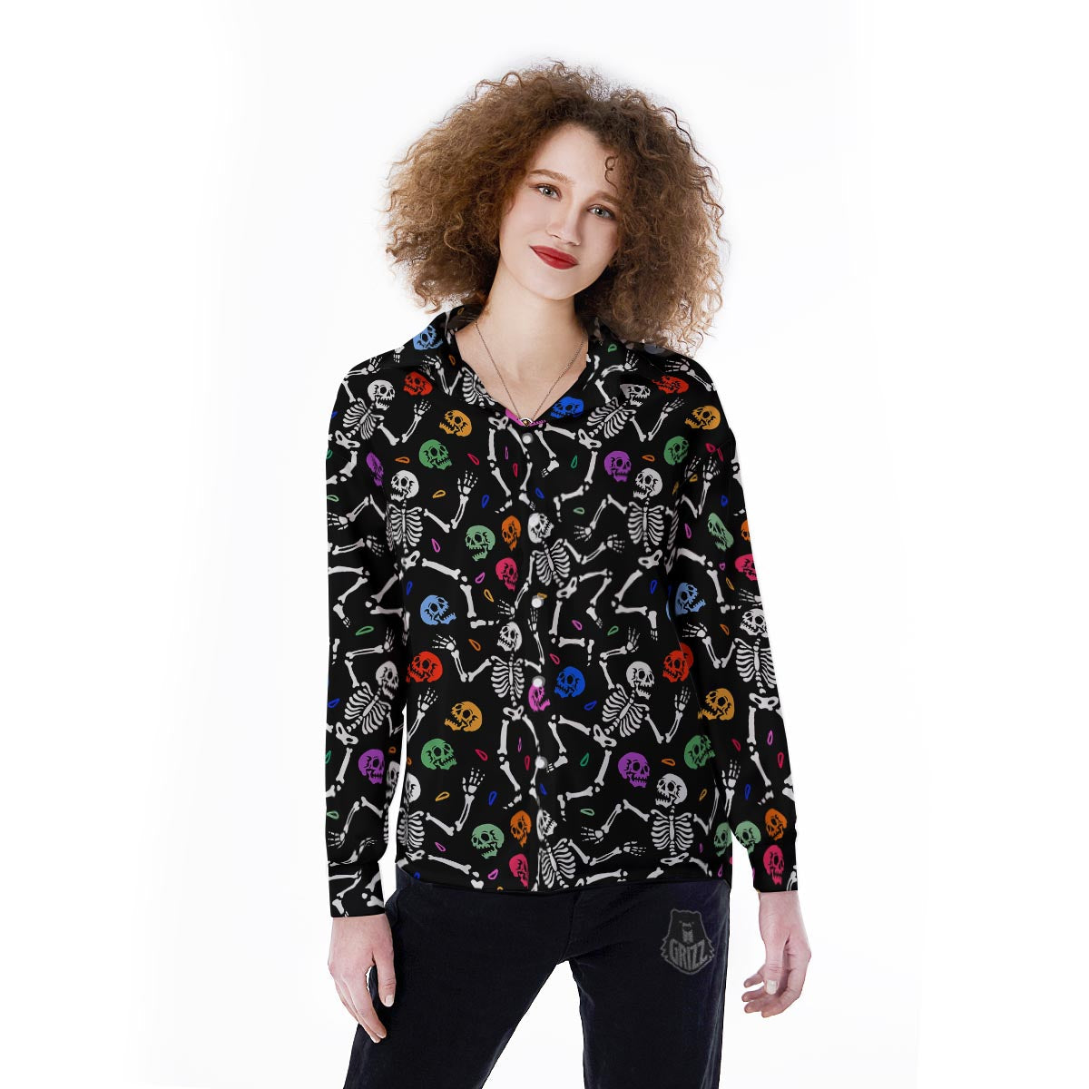 Skeleton Dancing Trippy Print Pattern Women's Long Sleeve Shirts-grizzshop