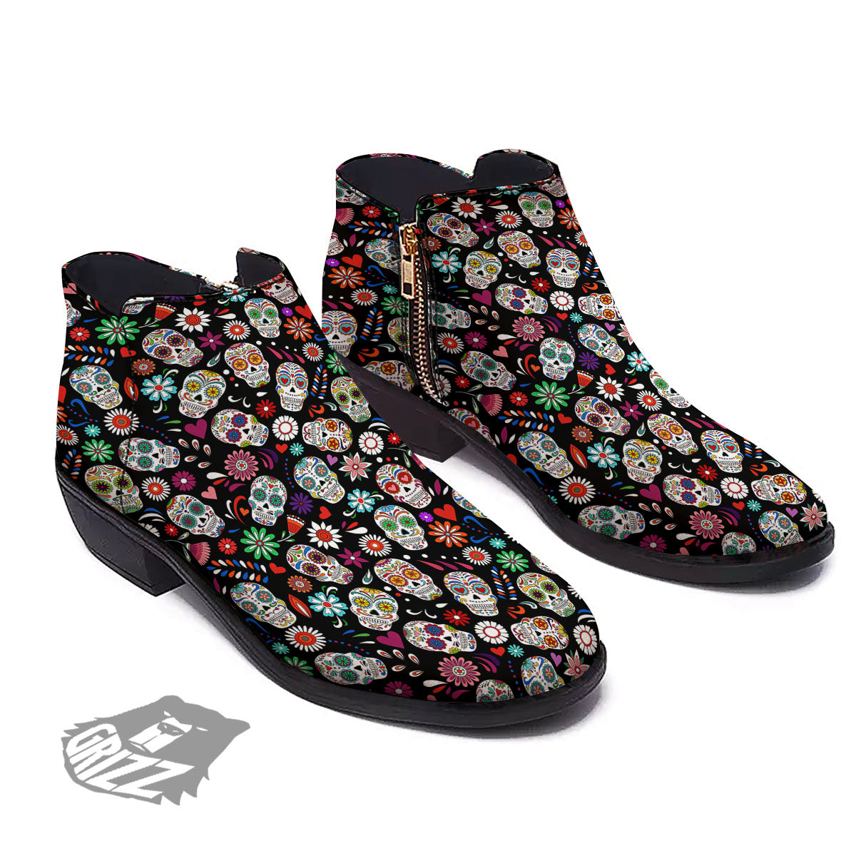 Skeleton Day Of The Dead Print Pattern Ankle Boots-grizzshop