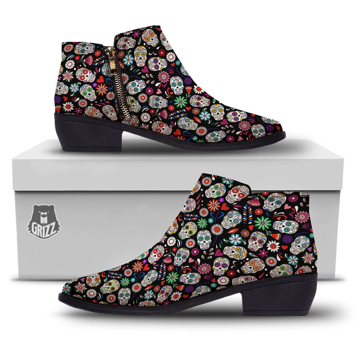 Skeleton Day Of The Dead Print Pattern Ankle Boots-grizzshop