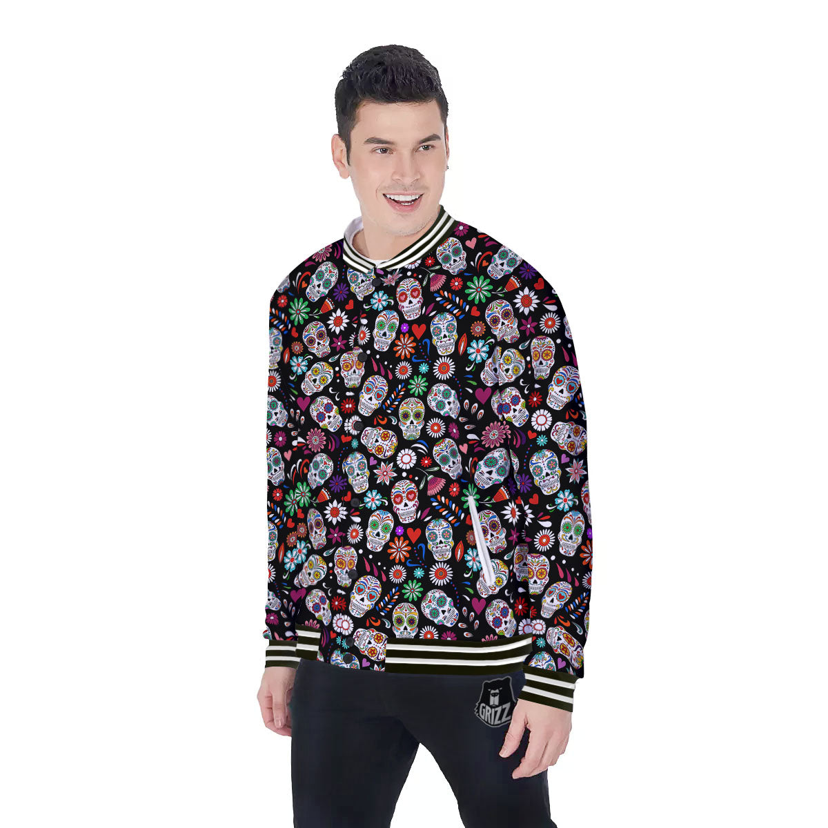 Skeleton Day Of The Dead Print Pattern Baseball Jacket-grizzshop
