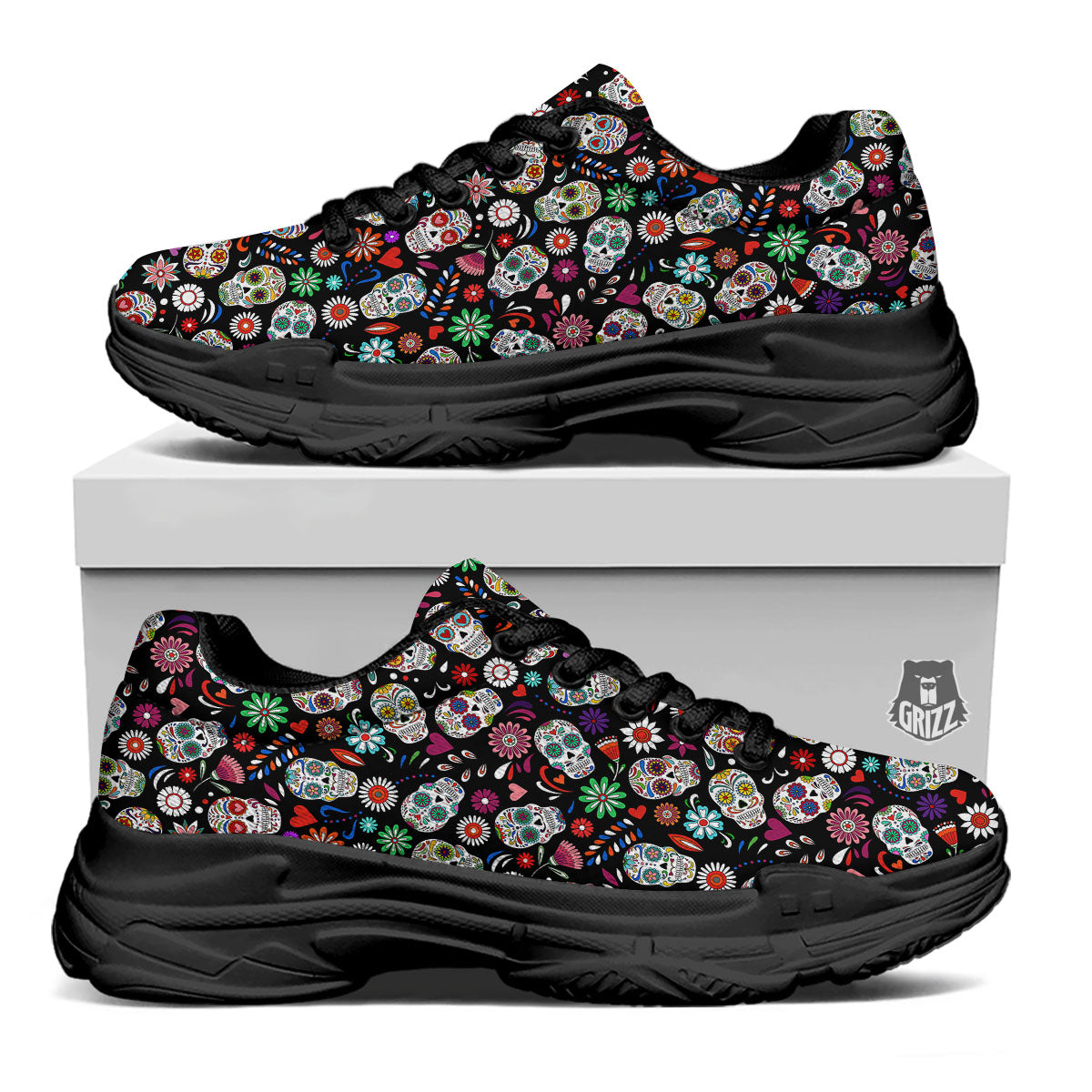 Skeleton Day Of The Dead Print Pattern Black Chunky Shoes-grizzshop