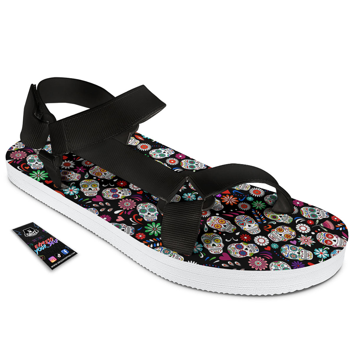 Skeleton Day Of The Dead Print Pattern Black Open Toe Sandals-grizzshop