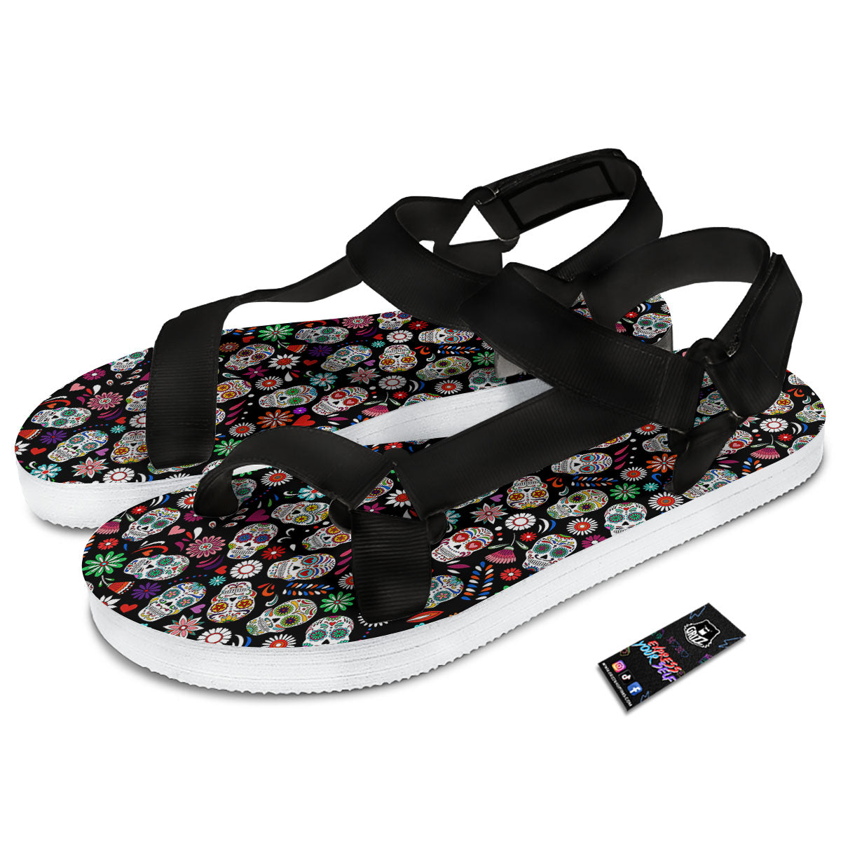 Skeleton Day Of The Dead Print Pattern Black Open Toe Sandals-grizzshop